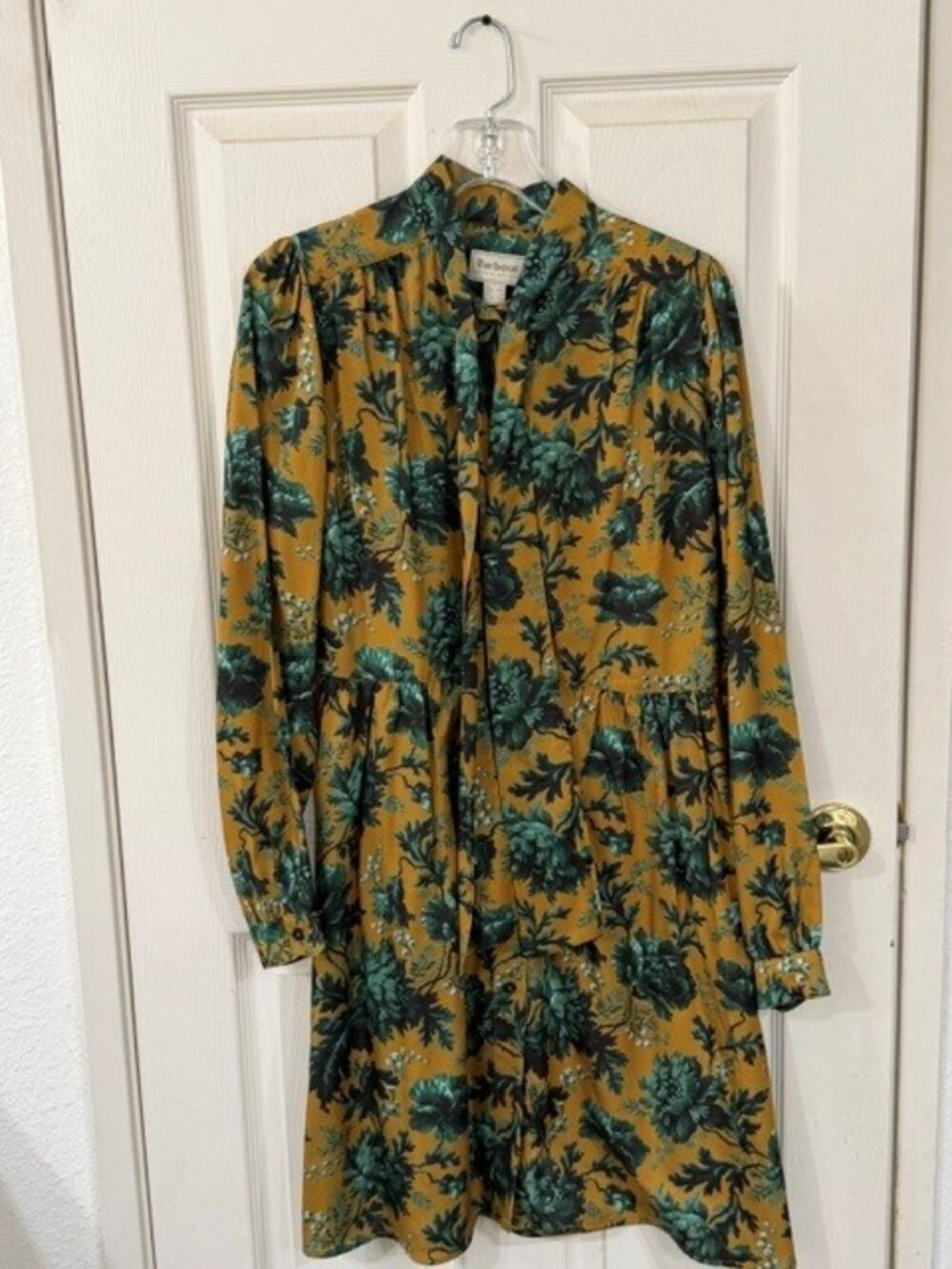 Barbour Mustard Yellow Green Floral Long Sleeve Tiered Dress